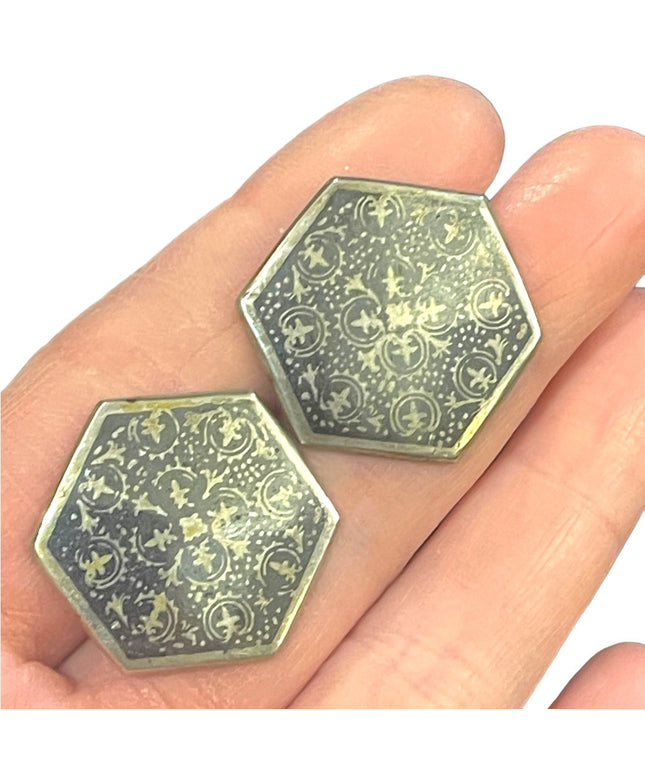 Lovely Antique 800 silver black enamel etched fancy design octagon earri…