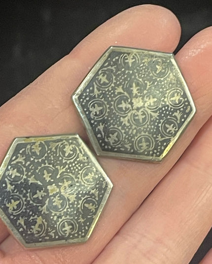 Lovely Antique 800 silver black enamel etched fancy design octagon earri…