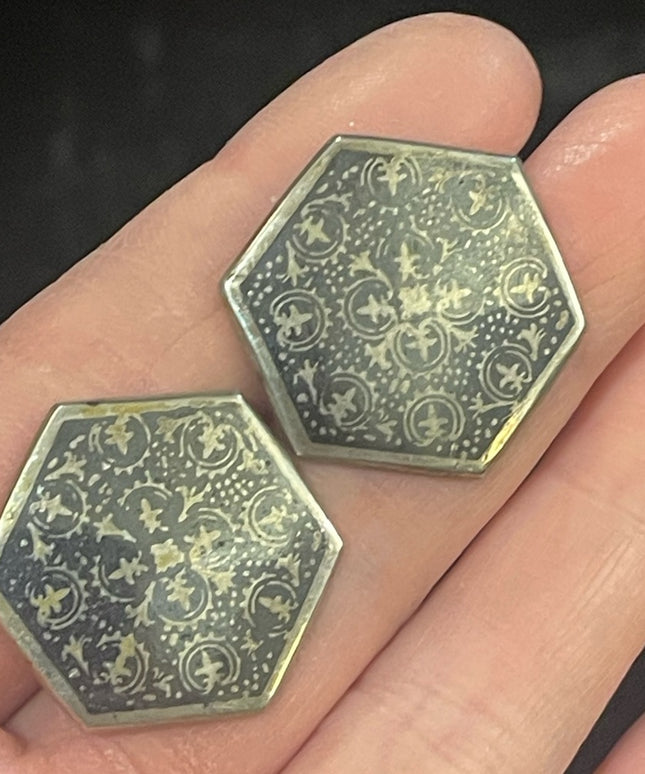 Lovely Antique 800 silver black enamel etched fancy design octagon earri…