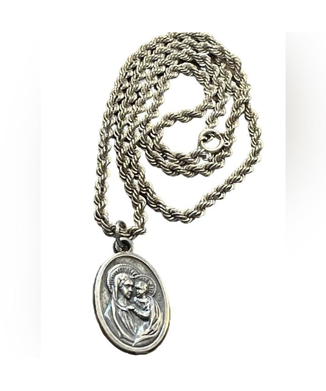 Vintage sterling silver 925 rope chain with Mary Religious pendant