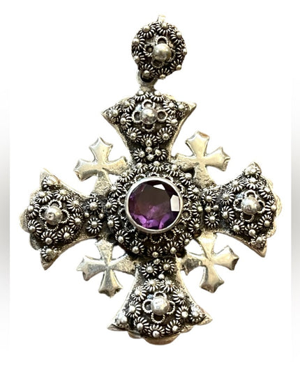 Antique Jerusalem 925 Sterling ornate Amethyst Cross Crusaders RARE LG Pendant