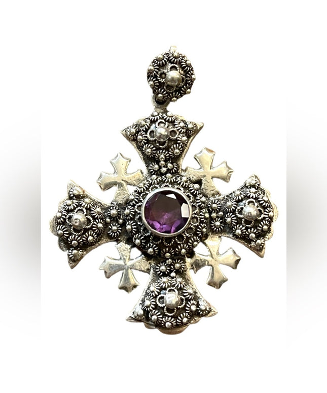 Antique Jerusalem 925 Sterling ornate Amethyst Cross Crusaders RARE LG Pendant
