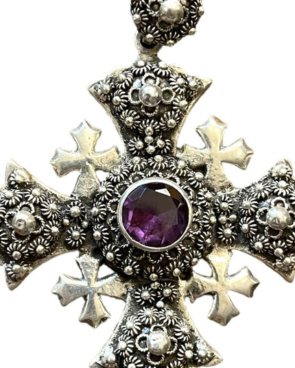 Antique Jerusalem 925 Sterling ornate Amethyst Cross Crusaders RARE LG Pendant