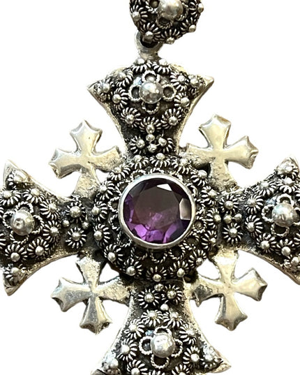 Antique Jerusalem 925 Sterling ornate Amethyst Cross Crusaders RARE LG Pendant