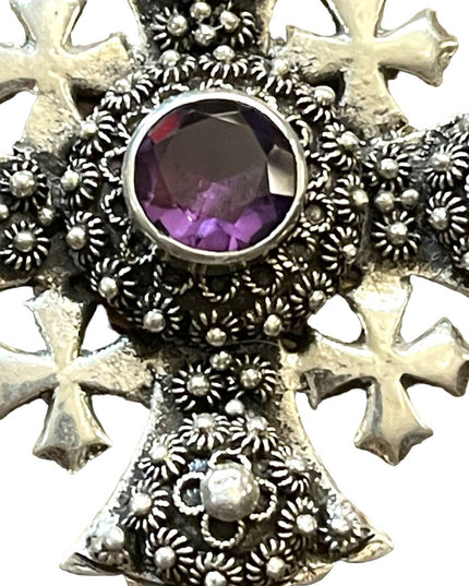 Antique Jerusalem 925 Sterling ornate Amethyst Cross Crusaders RARE LG Pendant