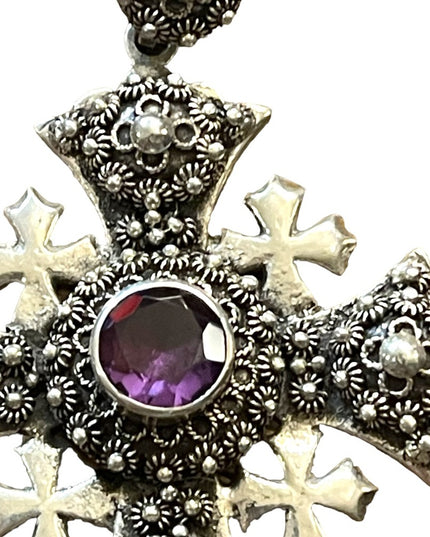 Antique Jerusalem 925 Sterling ornate Amethyst Cross Crusaders RARE LG Pendant