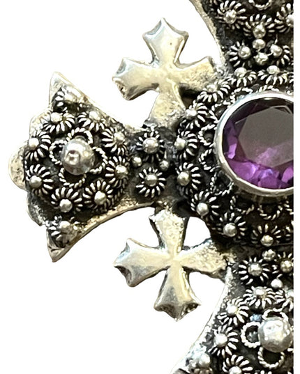 Antique Jerusalem 925 Sterling ornate Amethyst Cross Crusaders RARE LG Pendant