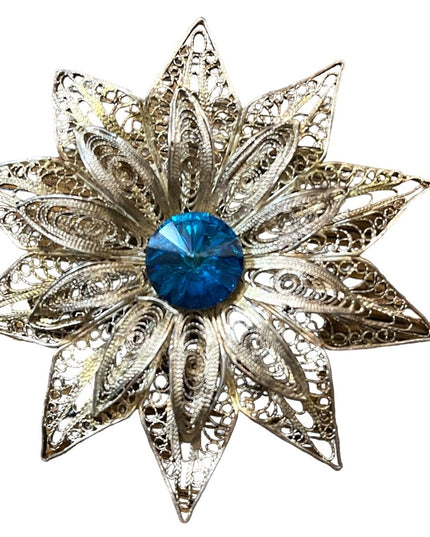 Antique 800 Silver LG ornate filagree Rivoli glass Starburst flower brooch