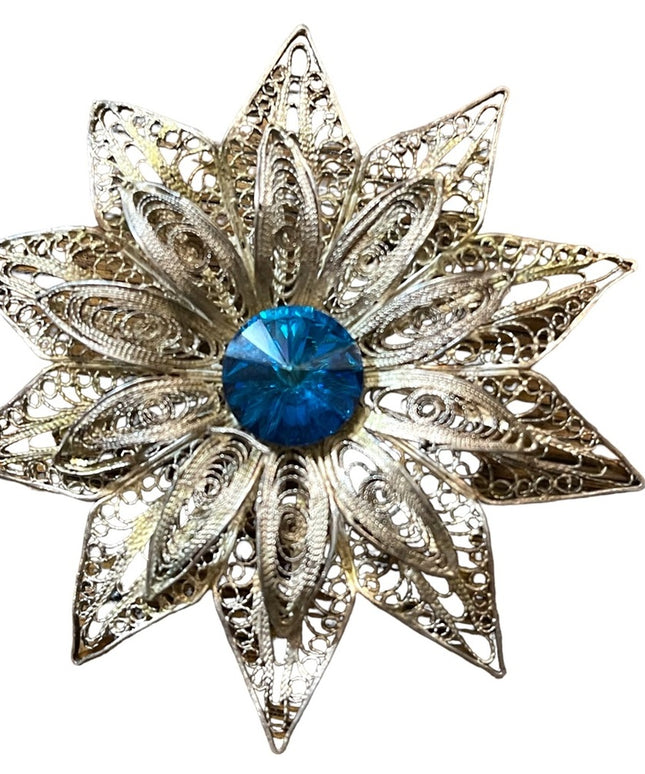 Antique 800 Silver LG ornate filagree Rivoli glass Starburst flower brooch