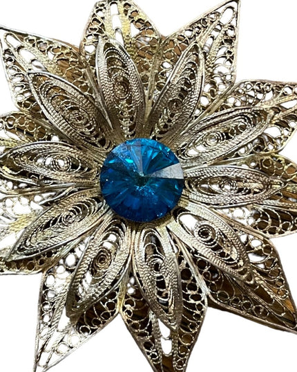 Antique 800 Silver LG ornate filagree Rivoli glass Starburst flower brooch