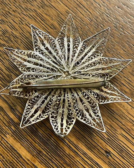 Antique 800 Silver LG ornate filagree Rivoli glass Starburst flower brooch