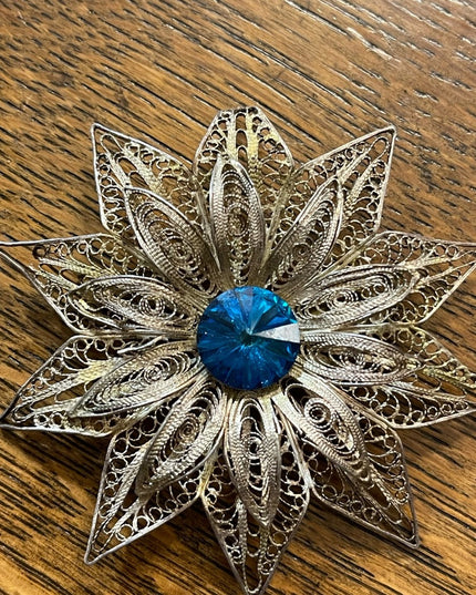 Antique 800 Silver LG ornate filagree Rivoli glass Starburst flower brooch