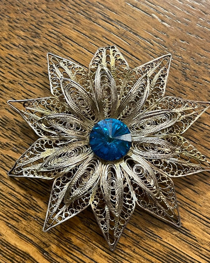 Antique 800 Silver LG ornate filagree Rivoli glass Starburst flower brooch