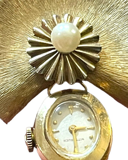 Vintage 10k Gold filled Wittenhauer Nurses Brooch watch Gold w/ pearl