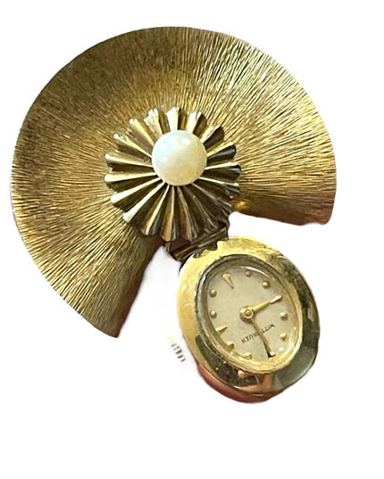 Vintage 10k Gold filled Wittenhauer Nurses Brooch watch Gold w/ pearl