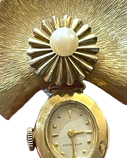 Vintage 10k Gold filled Wittenhauer Nurses Brooch watch Gold w/ pearl