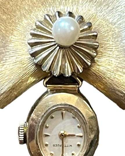 Vintage 10k Gold filled Wittenhauer Nurses Brooch watch Gold w/ pearl