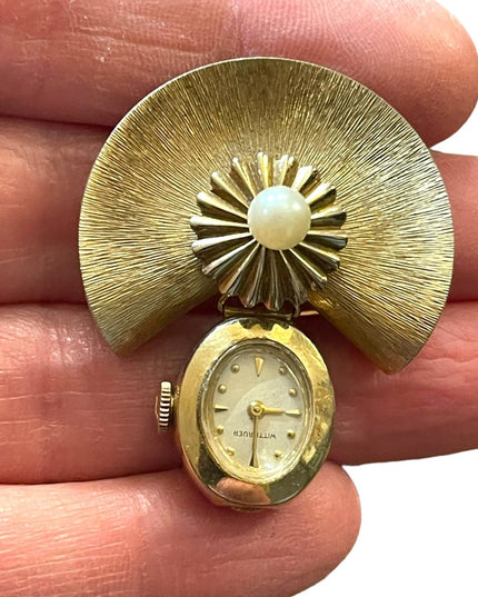 Vintage 10k Gold filled Wittenhauer Nurses Brooch watch Gold w/ pearl