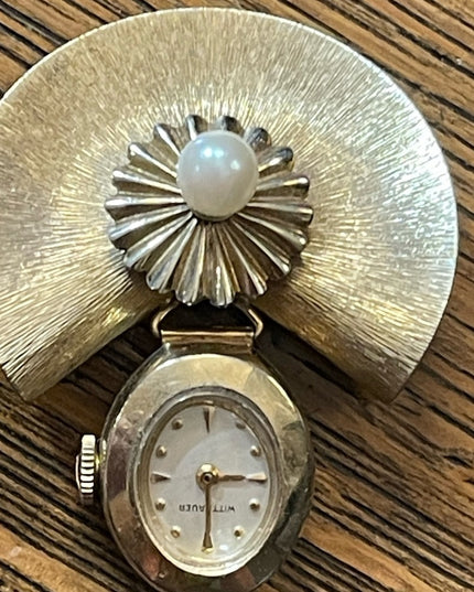 Vintage 10k Gold filled Wittenhauer Nurses Brooch watch Gold w/ pearl