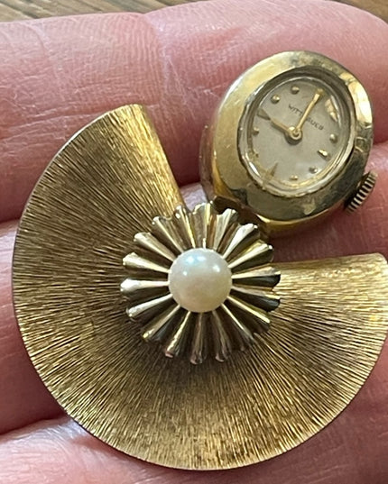 Vintage 10k Gold filled Wittenhauer Nurses Brooch watch Gold w/ pearl