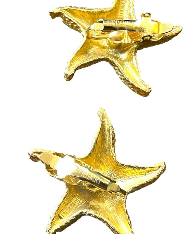 Gold finish Trifari Vintage fancy glam starfish clip on earrings