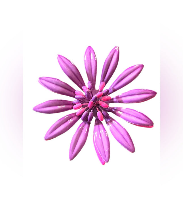 Vintage 1960s pink and purple large fancy metal flower brooch