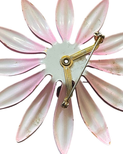 Vintage 1960s pink and purple large fancy metal flower brooch