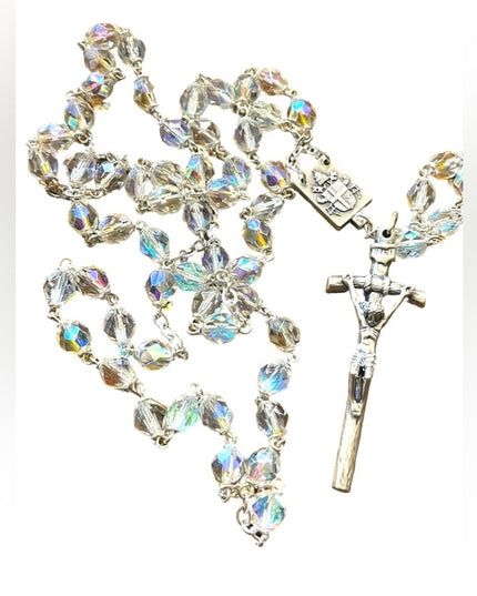 Lovely Vintage crystal ITALY Italian Silver Crucifix Catholic  1950 rosary