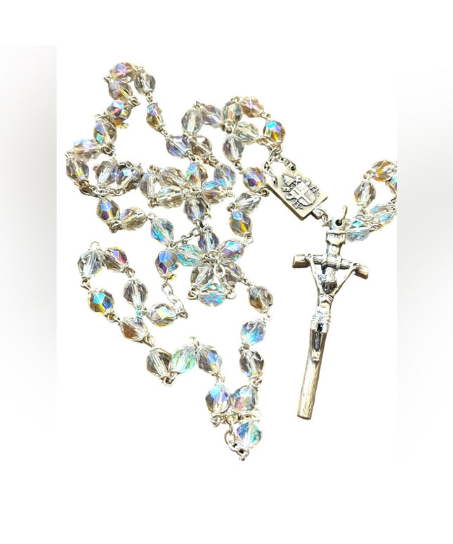 Lovely Vintage crystal ITALY Italian Silver Crucifix Catholic  1950 rosary