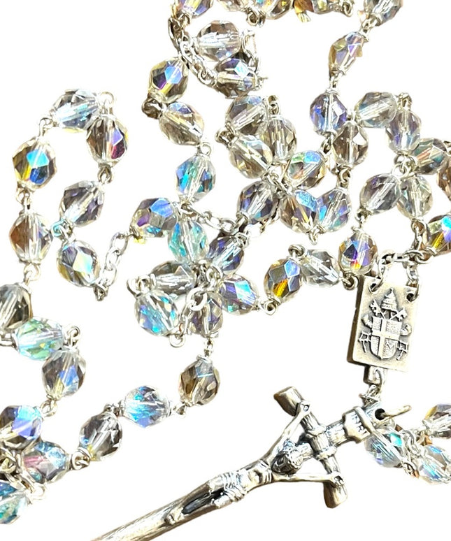 Lovely Vintage crystal ITALY Italian Silver Crucifix Catholic  1950 rosary
