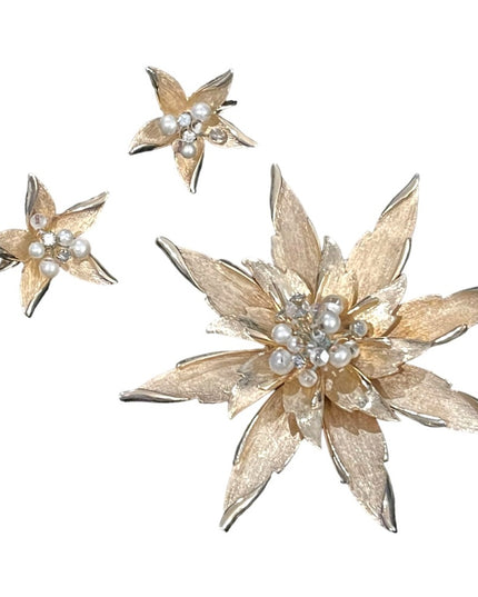 Vintage gold brushed  finish 1960s Large flower starburst brooch & earrings