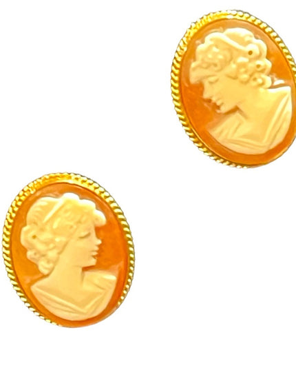 Vintage 14k GOLD Large carved shell cameo earrings Italy Import