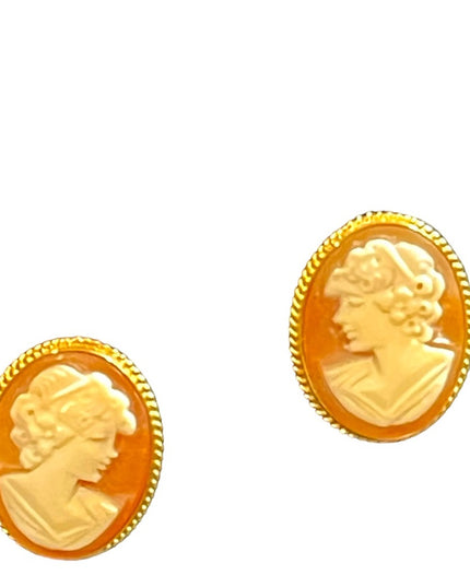 Vintage 14k GOLD Large carved shell cameo earrings Italy Import