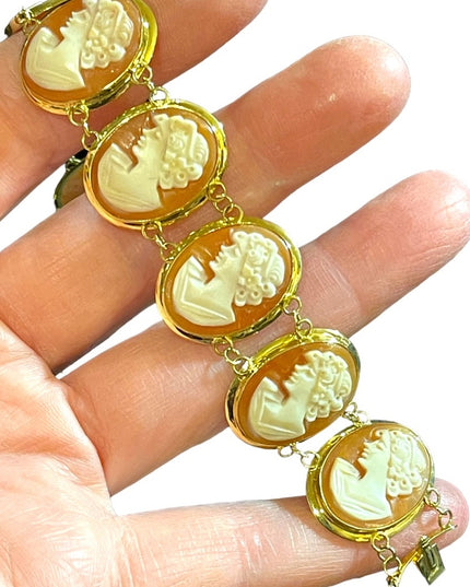 Vintage 14k Gold Carved shell Cameo link bracelet Italy