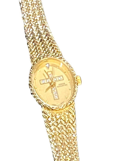 Lovely vintage Sarah Coventry rhinestone cross fave gold finish fancy watch