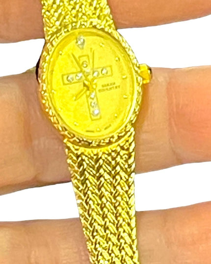 Lovely vintage Sarah Coventry rhinestone cross fave gold finish fancy watch