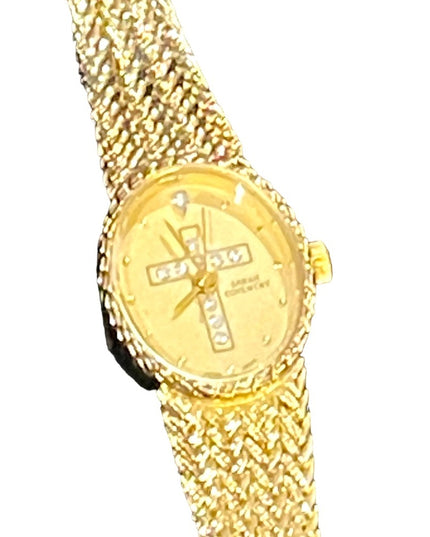 Lovely vintage Sarah Coventry rhinestone cross fave gold finish fancy watch