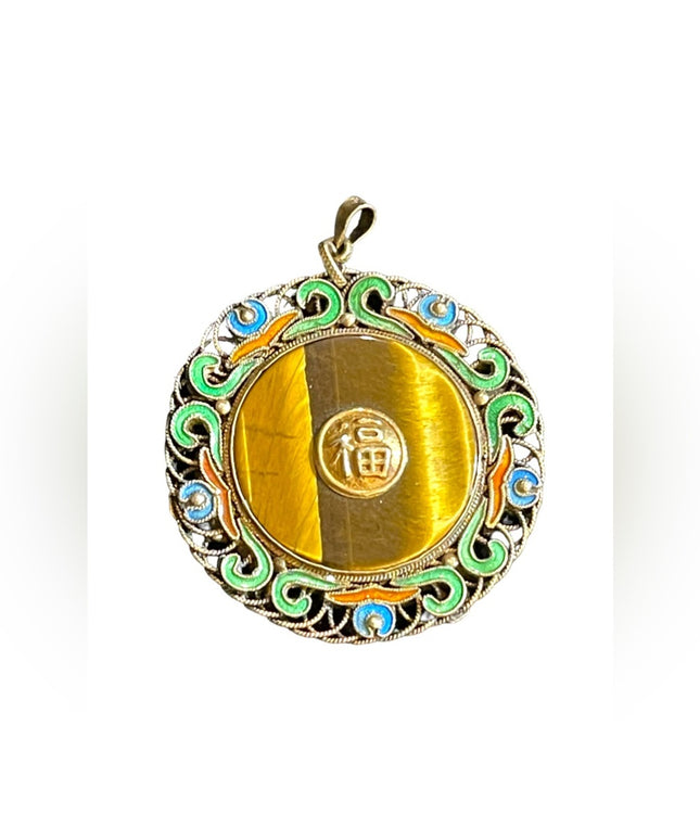 Vintage Shashi Carnelian Chinese Pendant enameled silver