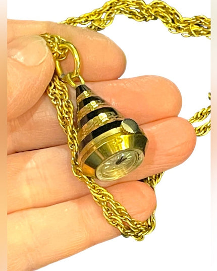 Vintage Dynasy Gold enameled diamond cut fancy necklace pendant watch Working!