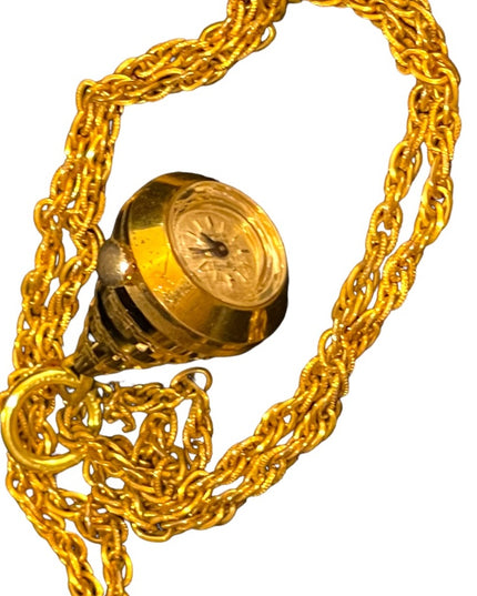 Vintage Dynasy Gold enameled diamond cut fancy necklace pendant watch Working!
