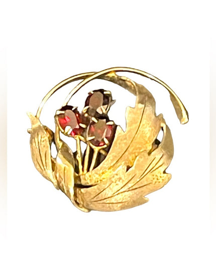 Vintage sterling silver red ruby glass accent leaf flower brooch 1950s