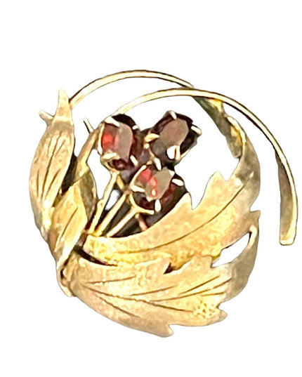 Vintage sterling silver red ruby glass accent leaf flower brooch 1950s