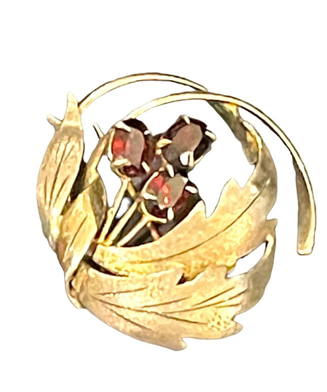 Vintage sterling silver red ruby glass accent leaf flower brooch 1950s