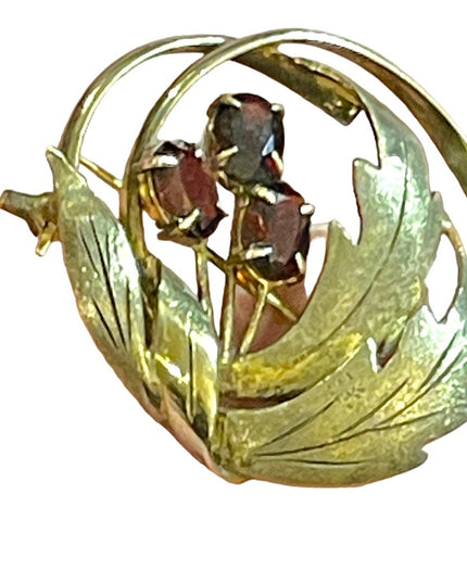 Vintage sterling silver red ruby glass accent leaf flower brooch 1950s