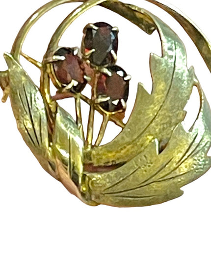 Vintage sterling silver red ruby glass accent leaf flower brooch 1950s
