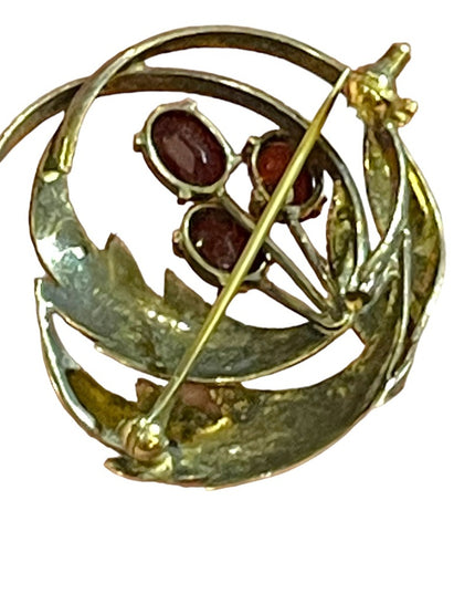 Vintage sterling silver red ruby glass accent leaf flower brooch 1950s