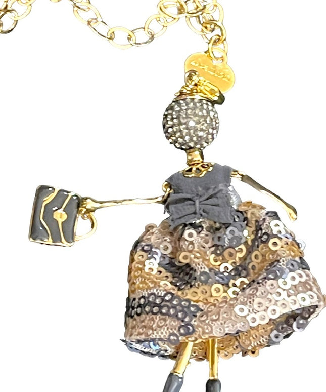 Italy Italian Le Amiche Girl shopping figural Gold plated necklace crystals