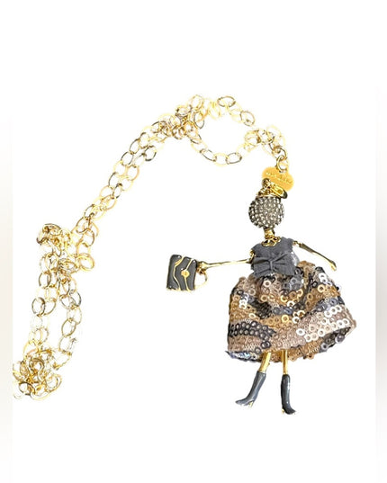 Italy Italian Le Amiche Girl shopping figural Gold plated necklace crystals
