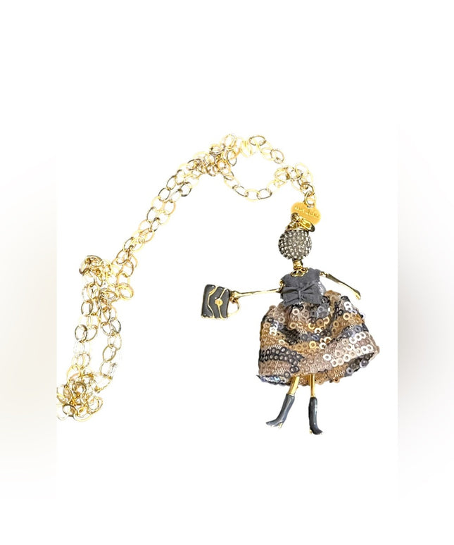 Italy Italian Le Amiche Girl shopping figural Gold plated necklace crystals
