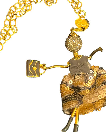 Italy Italian Le Amiche Girl shopping figural Gold plated necklace crystals